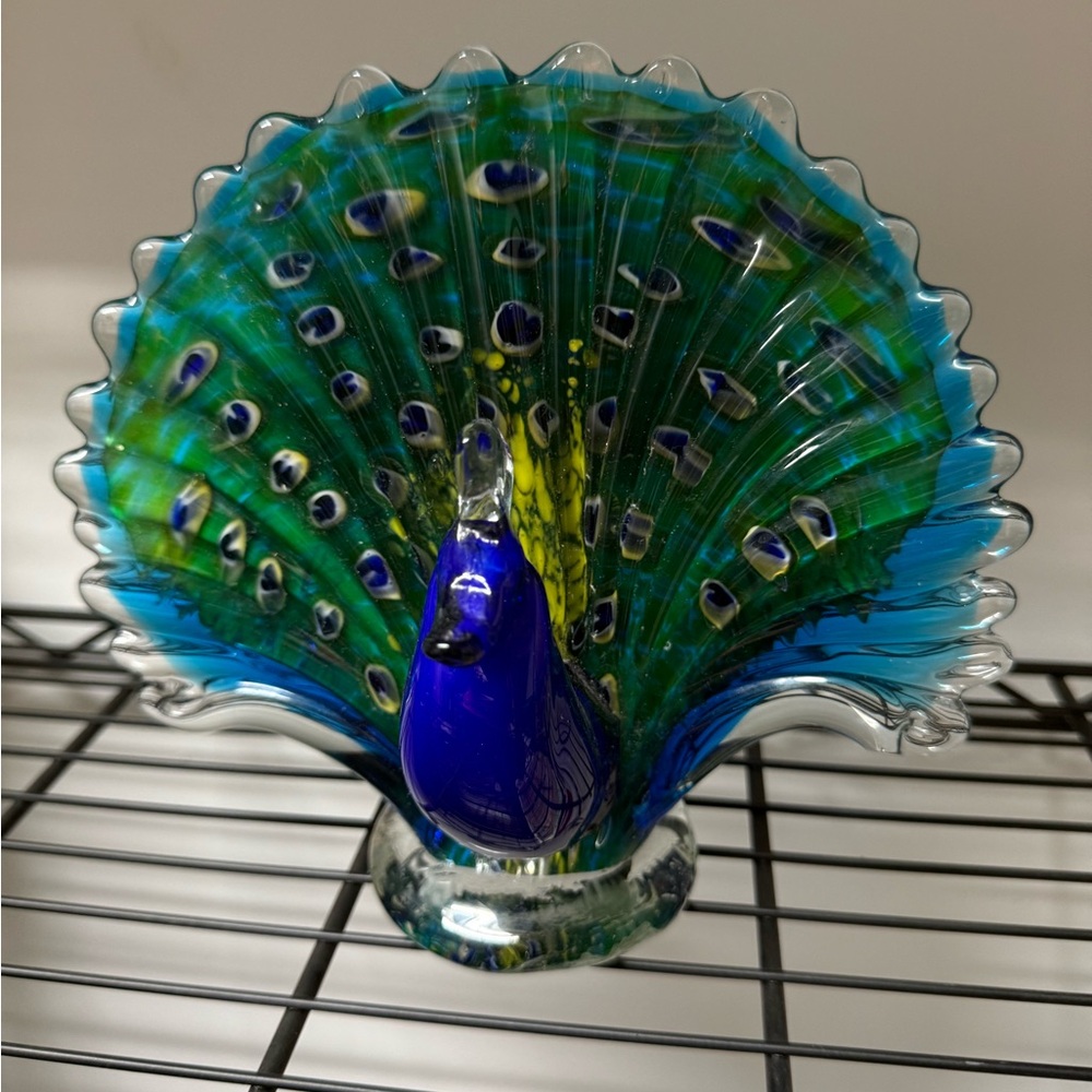 Murano Blue and Green Glass Peacock Sculpture